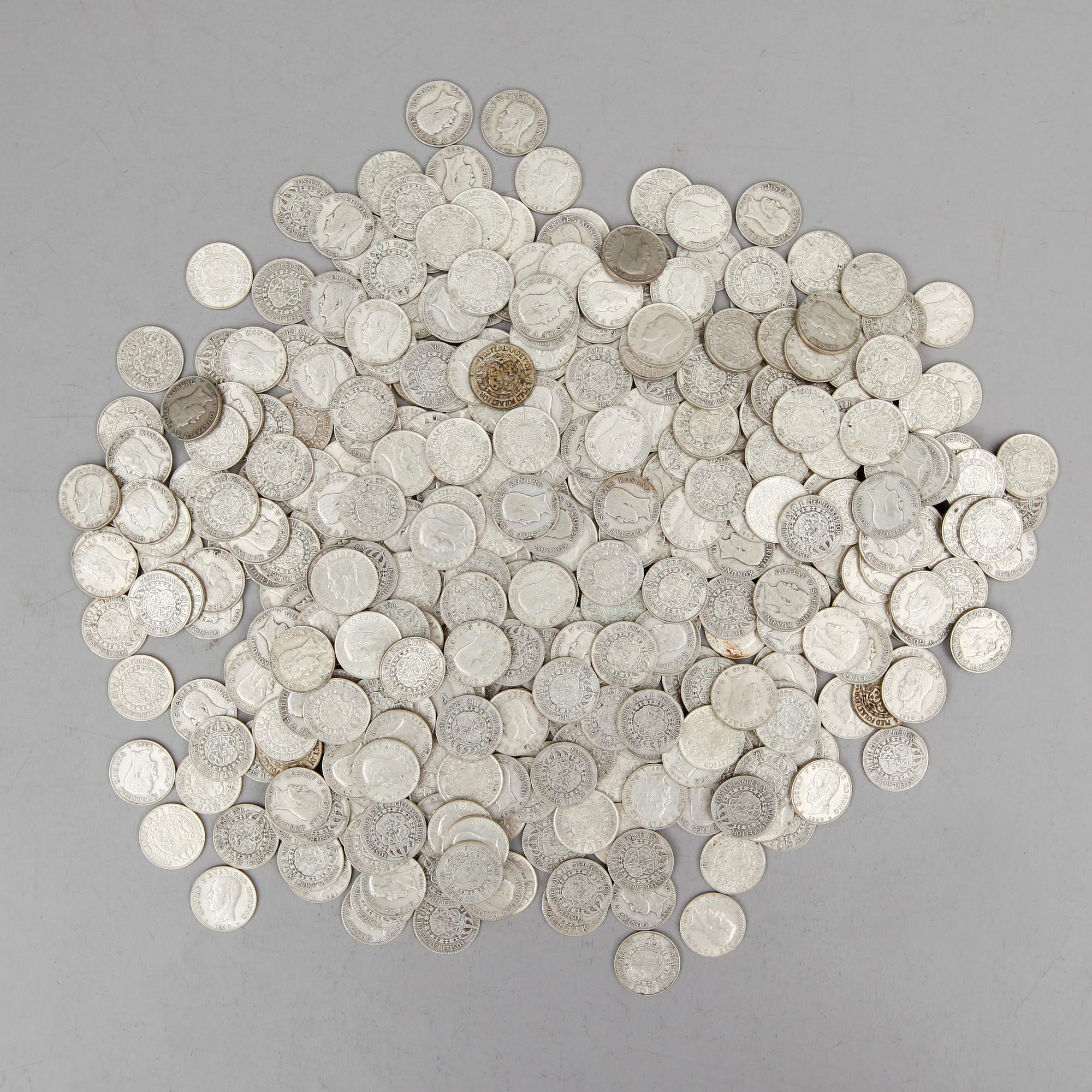 SAMLING SILVERMYNT, enkronor, Gustaf V, 1910-1941. Vikt ca 3000 gram.