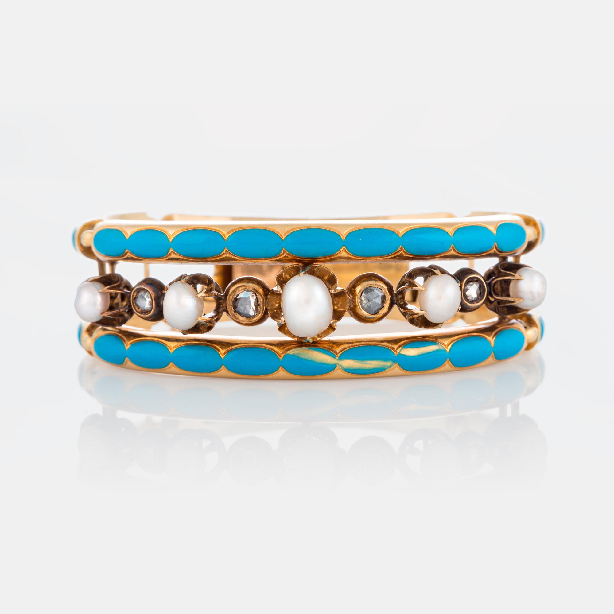 Labitte Frères armband 18K guld med emaljdekor samt rosenslipade diamanter och pärlor.