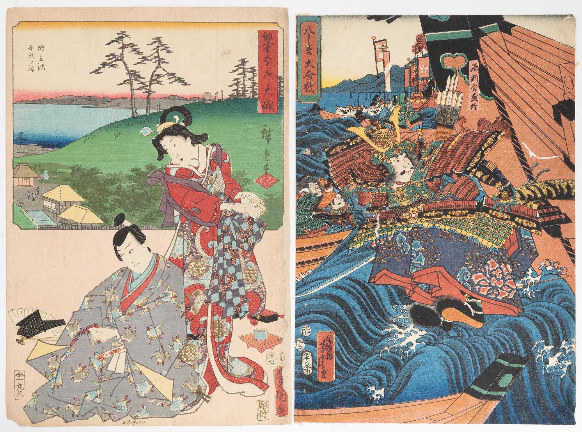 Utagawa School, färgträsnitt, 5st, Japan, 1800-talets mitt/andra hälft.