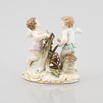 Five porcelain figurines, Meissen, Germany, late 19th century and Meissen-like marks, 20th century.