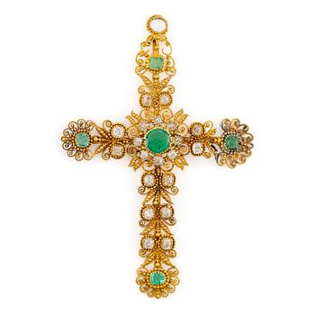 504. A cross in 14K gold set with faceted emeralds and old-cut diamonds, likely 18th century.