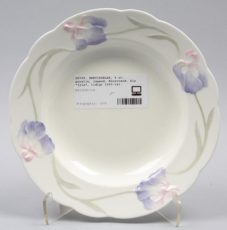 SERVISDELAR, 4 st, porslin, jugend, Rörstrand, bla "Iris", tidigt 1900-tal.