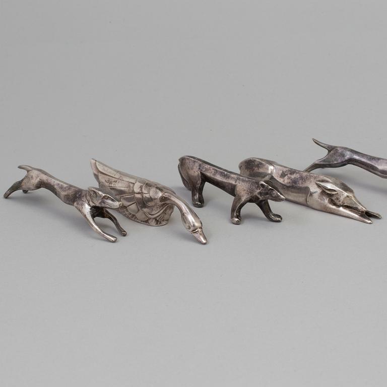 12 silver plated animal-shaped knife rests designed by Marcel Edouard Sandoz for Gallia Christofle, France.
