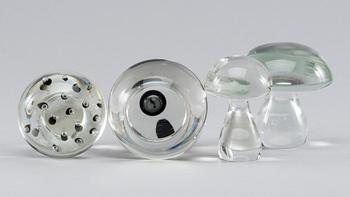 A SET OF FOUR ANTONIO DA ROS GLASS MUSCHROOMS FOR CENEDESE, later part of the 20th century.