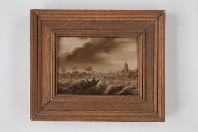 Willem van de Velde Circle of, Stormy sea with figures in boat.