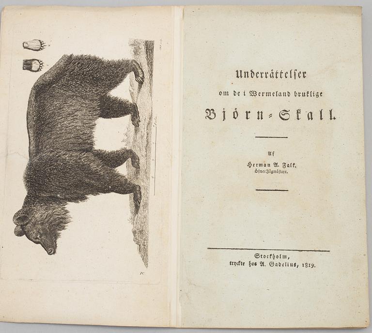 BOK, Herman A. Falk, Sällsynt jaktbok, Stockholm, 1819.