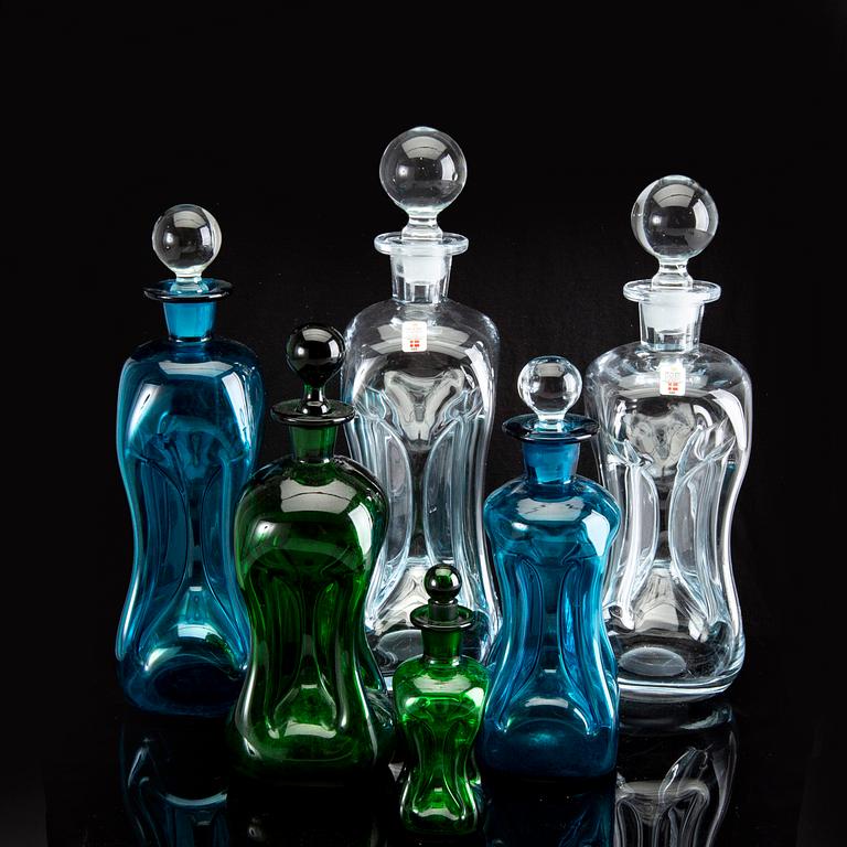 Holmegaard, karaffer/kluckflaskor 6 st 1900-talets slut glas.