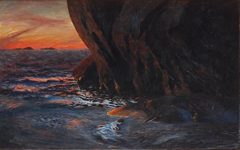 Bruno Liljefors, "Uttrar vid havet, solnedgång".