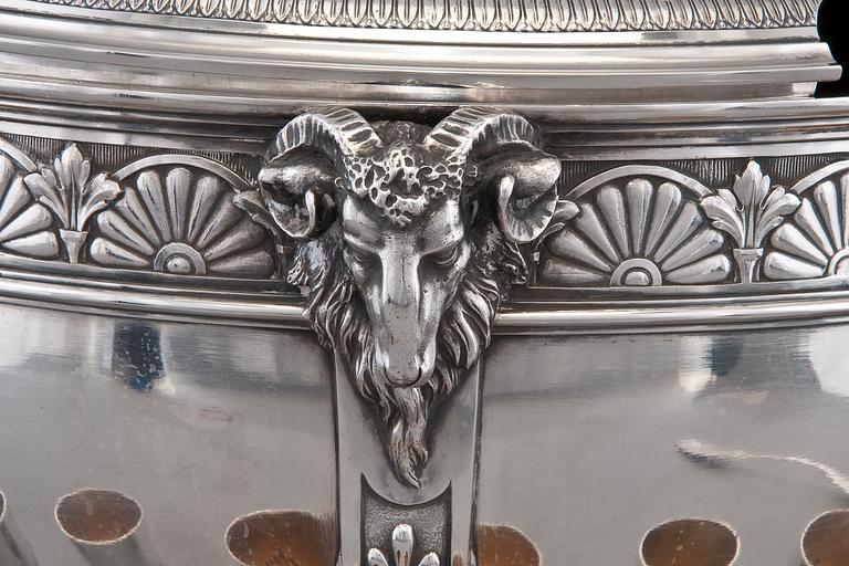 RUSSIAN SILVER-GILT PUNCH BOWL, LADLE AND 12 BEAKERS.