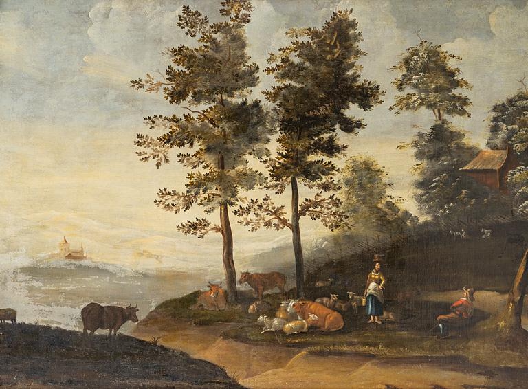 Aelbert Cuyp, follower of., Pastoral coastal landscape with figures and livestock.