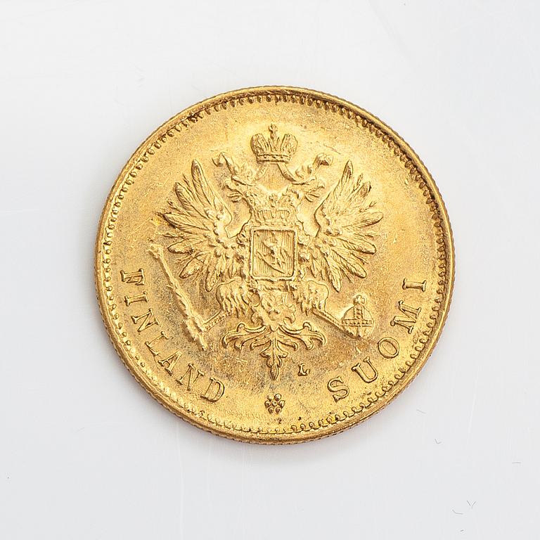 A gold coin, 20 mark, (900/1000), Finland 1910.