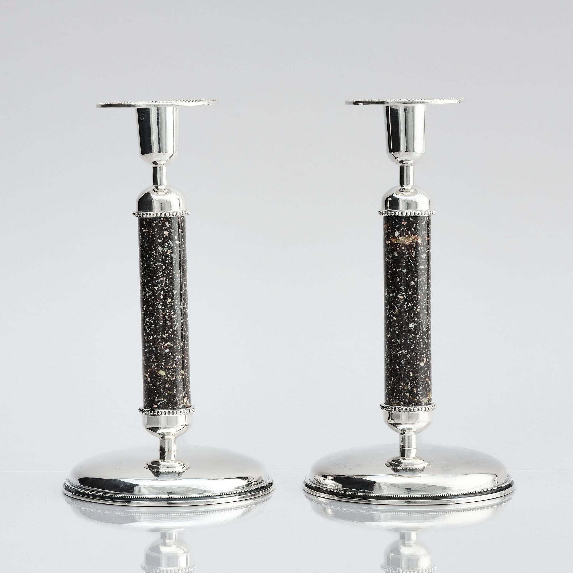 Henrik Ingemansson, a pair of sterling silver and Älvdal porphyry candelsticks, Ingemansson's Smithy, Stockholm, 2002.