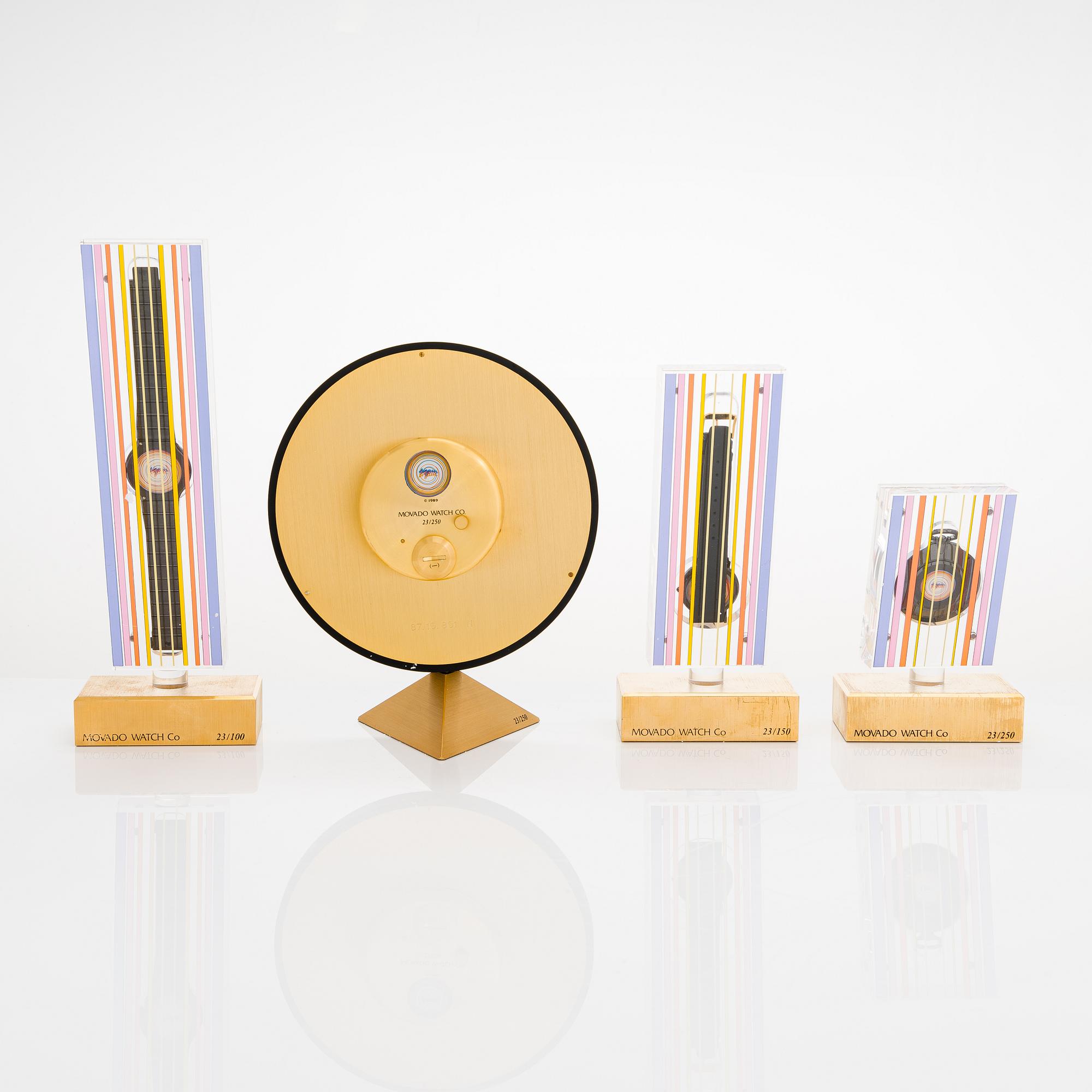 Yaacov Agam, Movado, "Rainbow", Two wrist watches, a table clock and a pocket watch.
