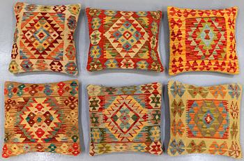 Six Kilim cushions, ca 47 x 47 cm.