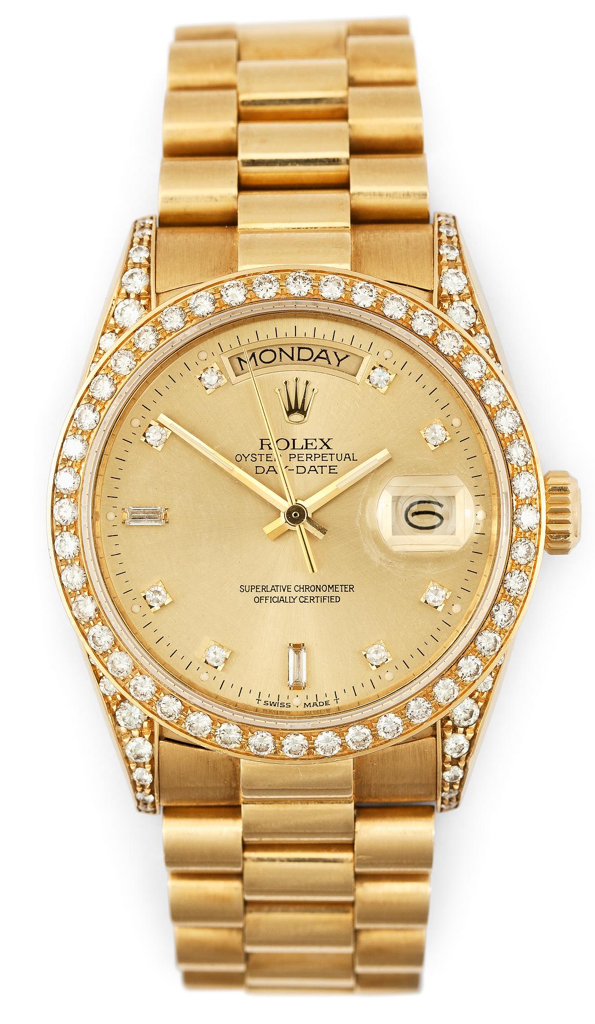ROLEX, Day-Date, automatisk, guld med briljantslipade diamanter, ca 1985.