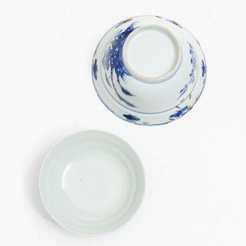 A blue and white butter dish with stand and cover, and a blue and white bowl with cover, China, Qianlong (1736-95).