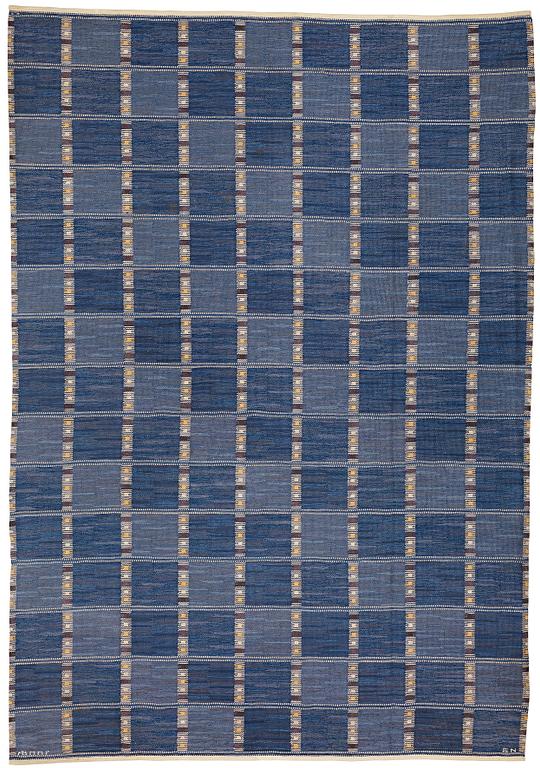 Barbro Nilsson, A CARPET, "Falurutan, blå", flat weave, ca 364,5 x 255,5 cm, signed AB MMF BN.