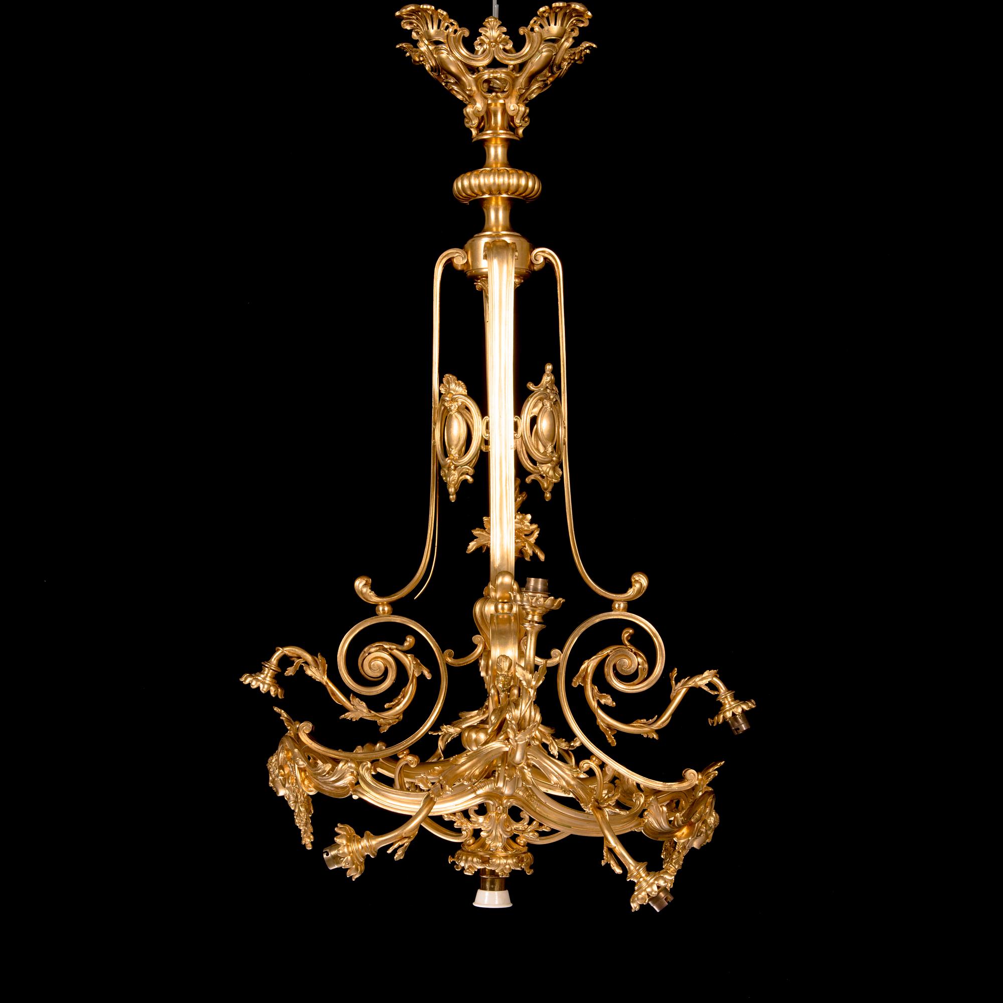 Ferdinand Barbedienne, A signed and gilded bronze chandelier from second half of the 19th century. Height 115 cm.