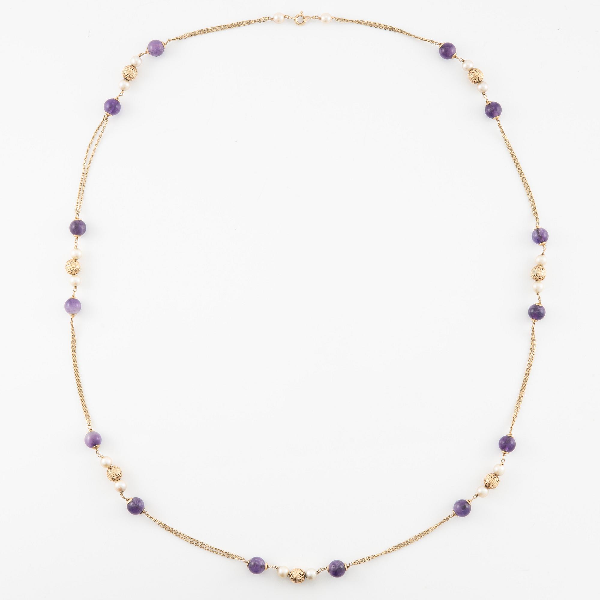 Necklace 14K gold with pearls and amethysts, Austria, Vienna.