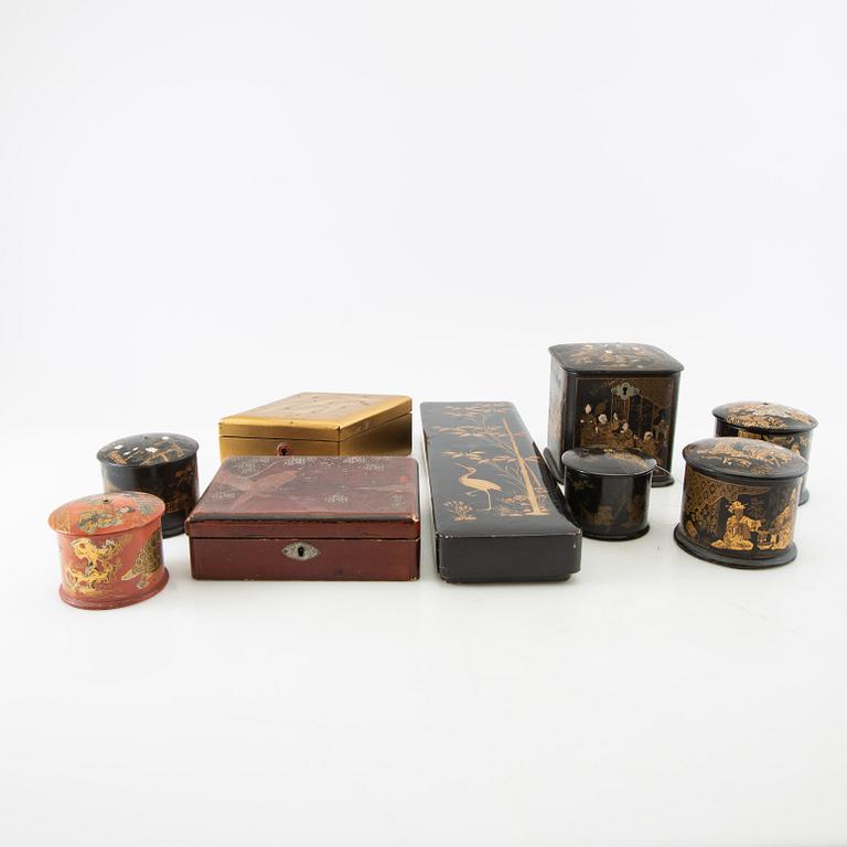 A collection of thread holders, boxes, and a tea caddy, 10 pcs Japan/Europe first half of the 20th century.