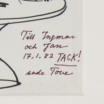 TOVE JANSSON, an ink drawing with guestbook entries, 1982.