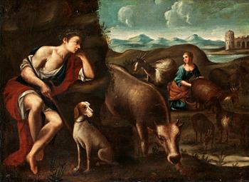 667. Leandro Bassano Hans efterföljd, Landskap med herde och herdinna.