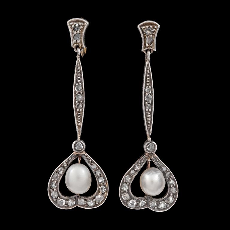 A pair of natural pearl and rose cut diamond earrings, c. 1900.
