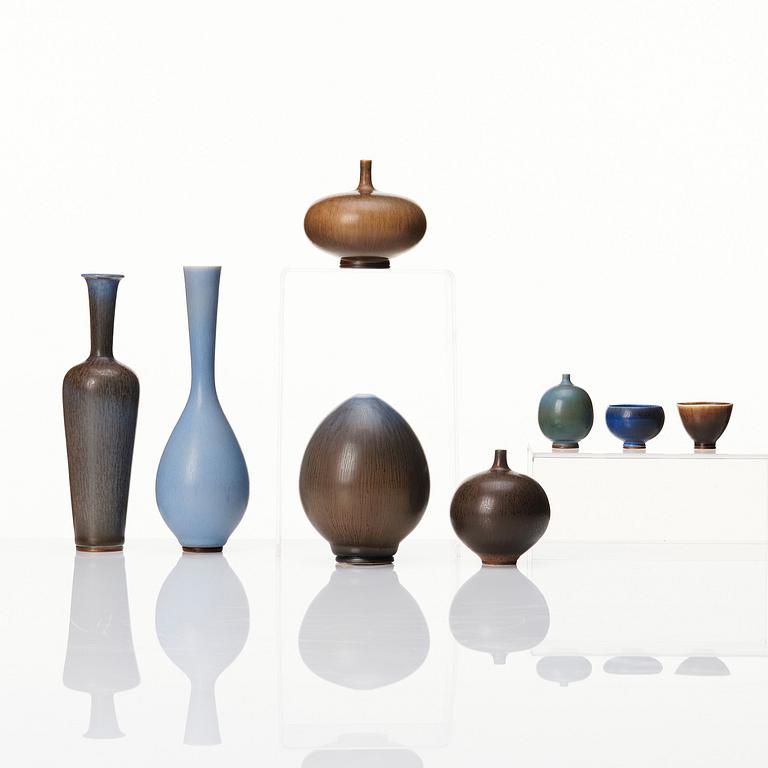 Berndt Friberg, a set of 6 stoneware miniature vases and two bowls, Gustavsberg studio, Sweden 1957-75.