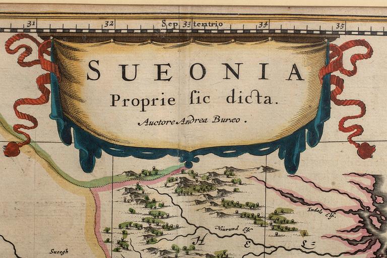 WILLEM JANSZOON BLAEU, map, copper engraving, "Sueonia Propire fic dicta Auctore Andrea Buraeo".