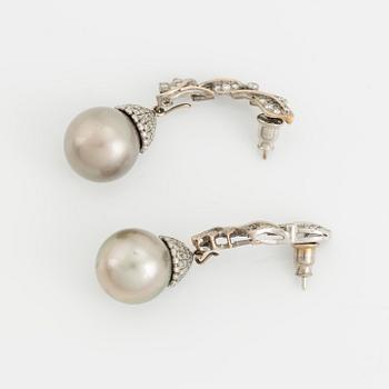 White gold, Tahiti pearl and brilliant cut diamond earrings.
