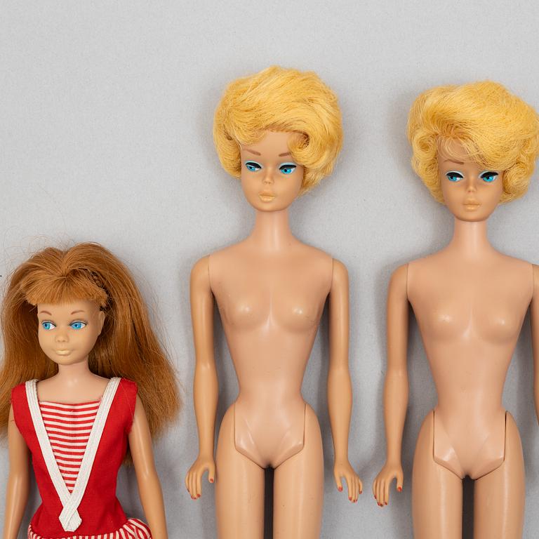 Barbiedockor, 7 st, bl a "Barbie Bubble cut", "Midge", & "Skipper", Mattel, 1960-tal.