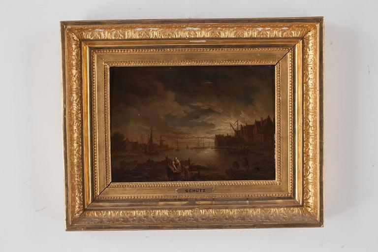 Christian Georg Schütz Tillskriven, En hamn i månsken.