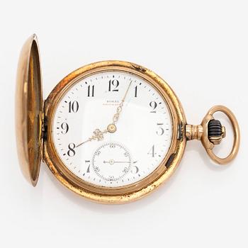 Pocket watch, Borel Neuchatel, 53 mm, 14K gold, lever escapement, plastic crystal.
