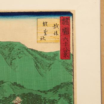 Ando Hiroshige efter, två träsnitt, 1800- / 1900-tal.