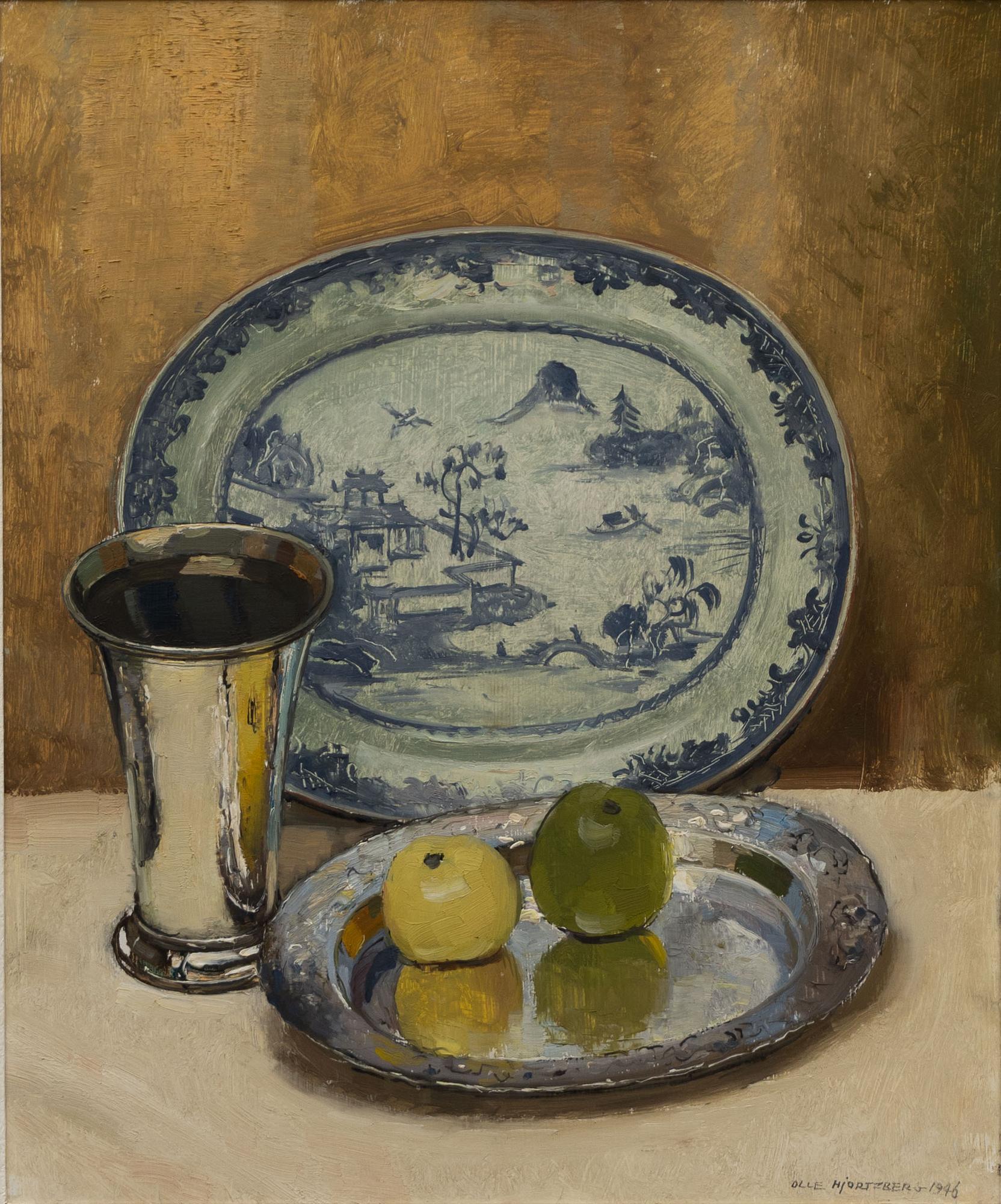 Olle Hjortzberg, Still Life with Apples, Oriental Plate and Silver Pieces.