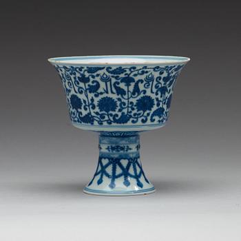 A blue and white stemcup with 'Lanca' characters, Qing dynasty with Qianlong mark.