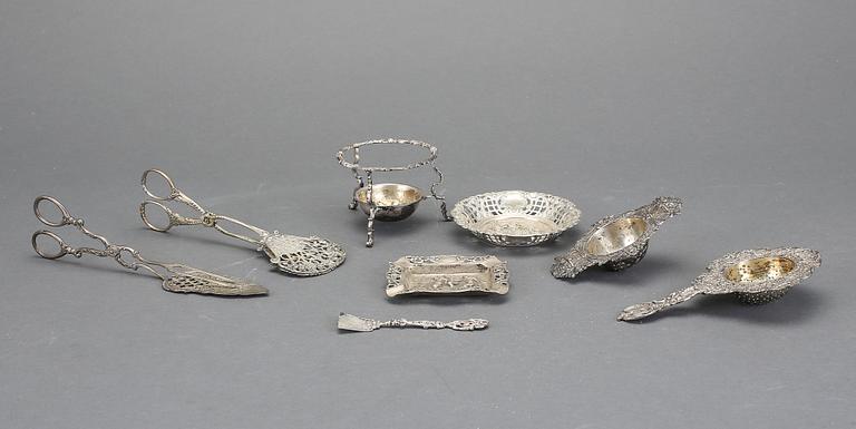 PARTI SILVER, 8 delar, bla Sverige, omkring 1900. Ca 510 gram.