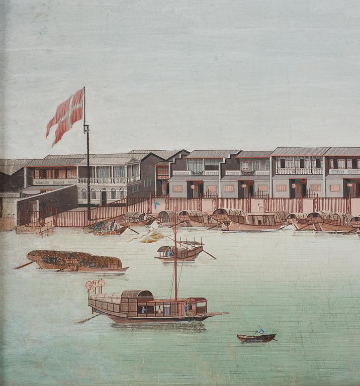 A Chinese Export painting of the Hongs of Canton, Qing dynasty, 18th century.