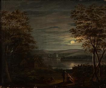 Carl Johan Fahlcrantz, attributed to, Moonlit landscape with figures and a castle.