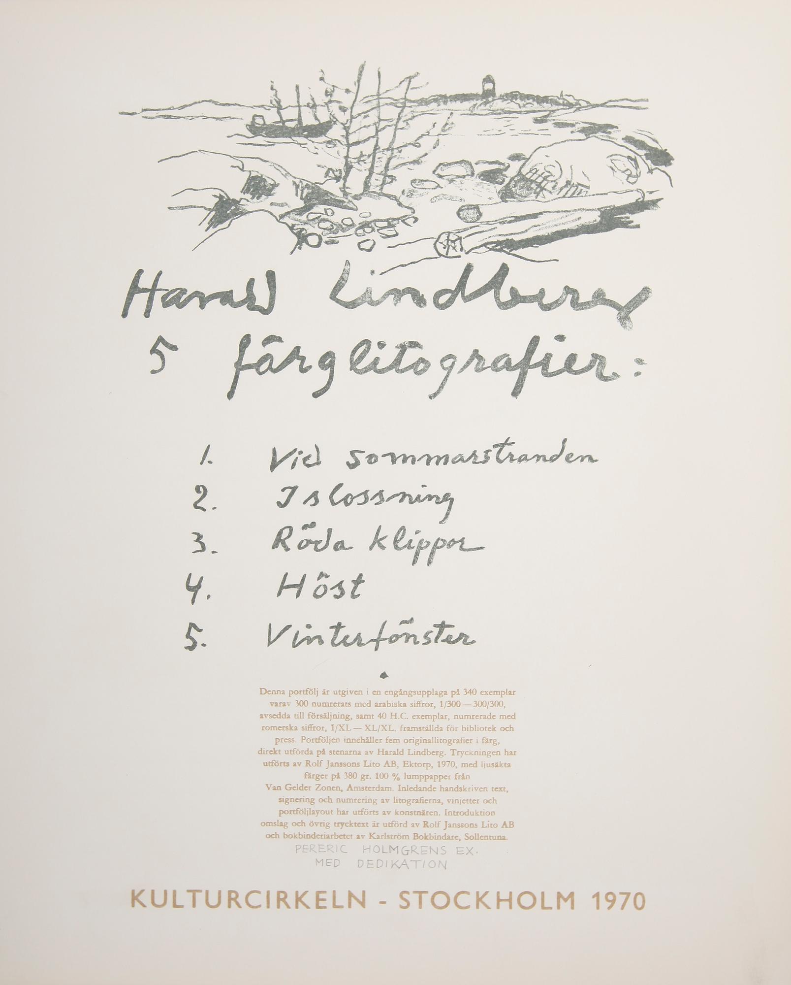 HARALD LINDBERG, mapp, 5 färglitografier, Kulturcirkeln, Stockholm 1970, signerade. Provtryck.