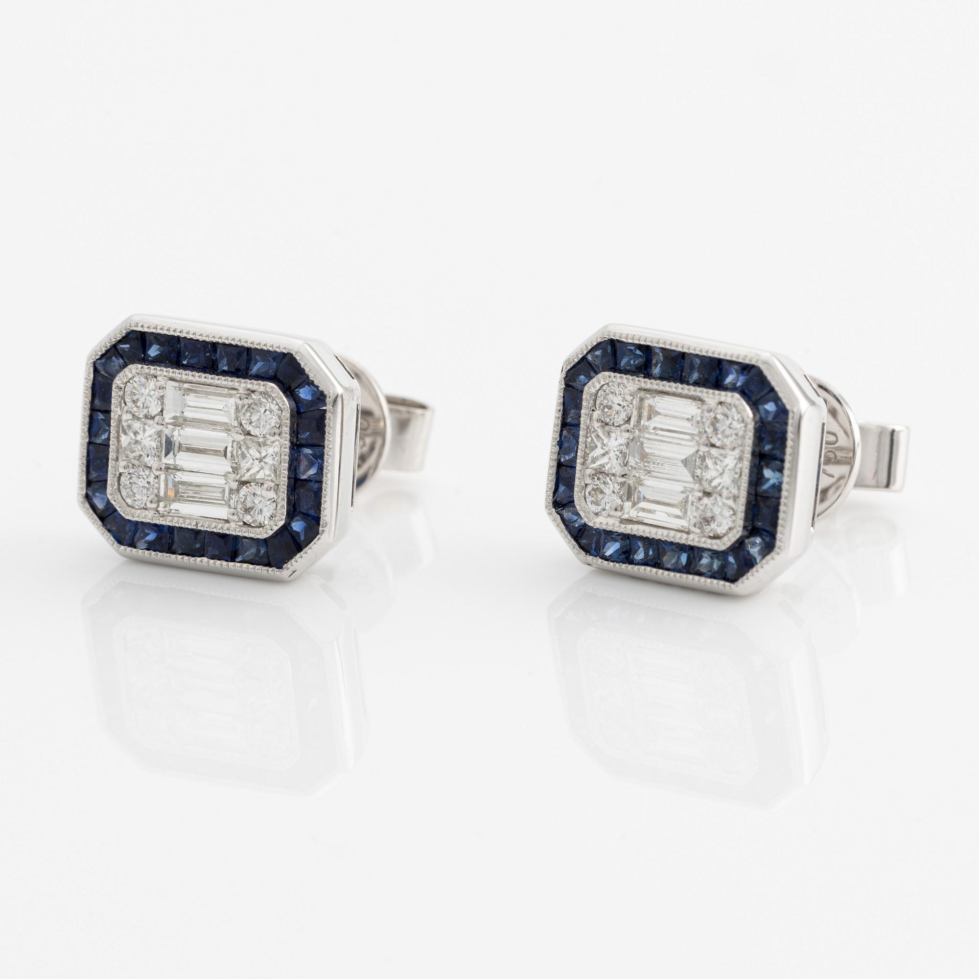 Earrings with baguette and brilliant-cut diamonds and sapphires.