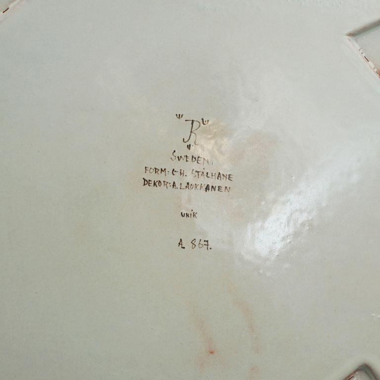 Unique ceramic plate by CARL-HARRY STÅLHANE and AUNE LAUKKANEN, Rörstrand, mid 20th century.