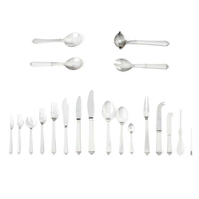 Harald Nielsen, a set of 121 pieces of sterling silver and stainless steel 'Pyramid' flatware, Georg Jensen, Cph +5 other lobster forks.
