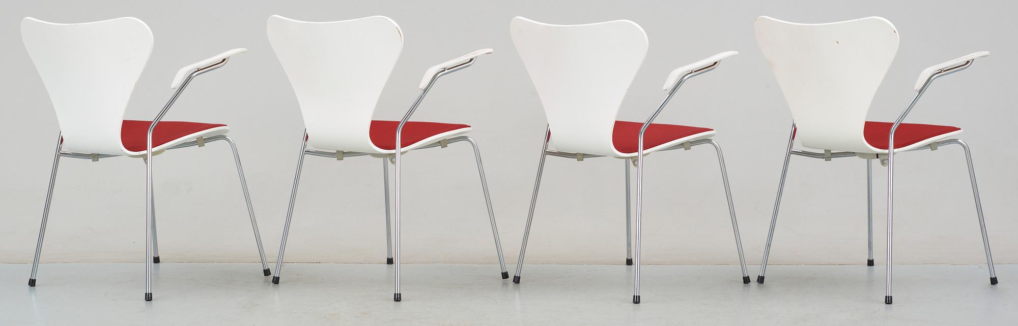 KARMSTOLAR, 4 st, "Sjuan", Arne Jacobsen, Fritz Hansen, formgiven 1955.