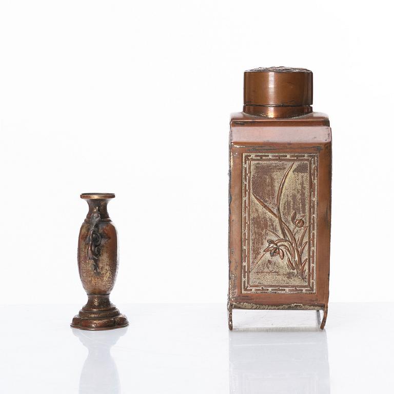 A silvered copper alloy tea caddy and a gilded copper alloy vase, unidentified makers, 19th Century.