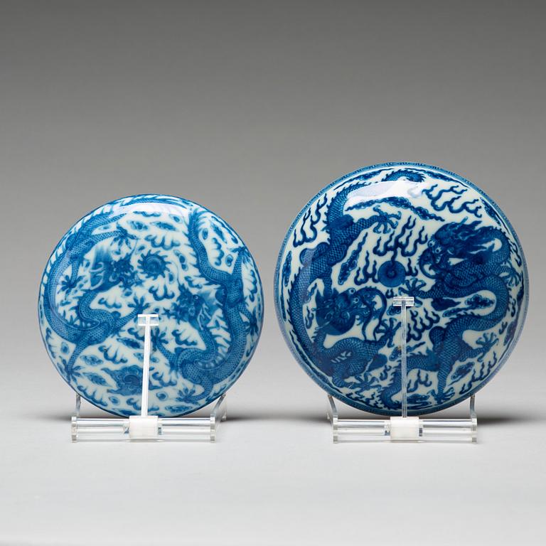 Two Chinese blue and white 'dragon' boxes with covers, 20th century, with Qianlong mark.