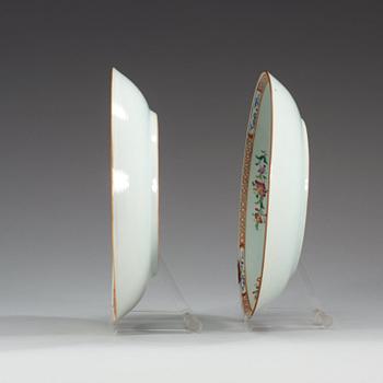 A pair of famille rose 'double peacock' dishes, Qing dynasty, Qianlong (1736-95).