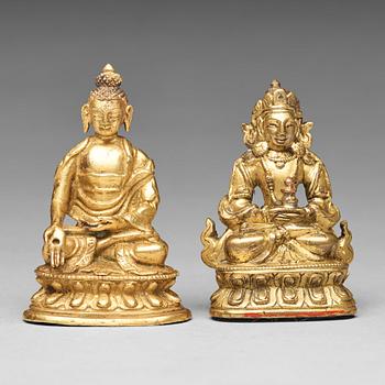626. Two gilt copper alloy figures of deities, Tibeto-Chinese, 19th Century.