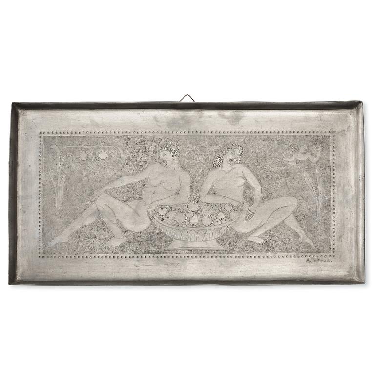 Anna Petrus, an engraved Swedish Grace pewter tray, Stockholm, early 1920's. this model was shown at The Paris Exhibition 1925.