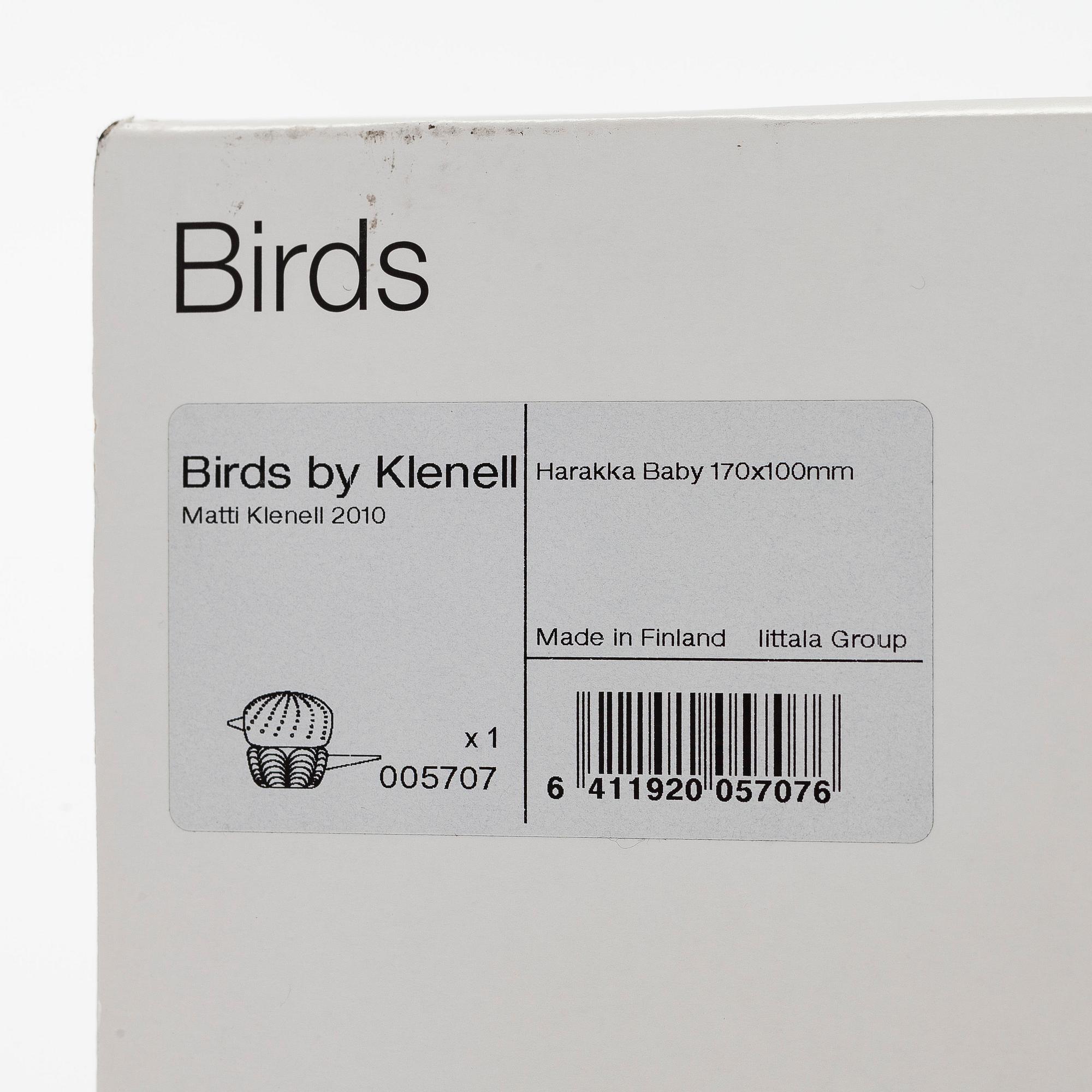 Matti Klenell, glasfågel "Harakka Baby", signerad M. Klenell Iittala.